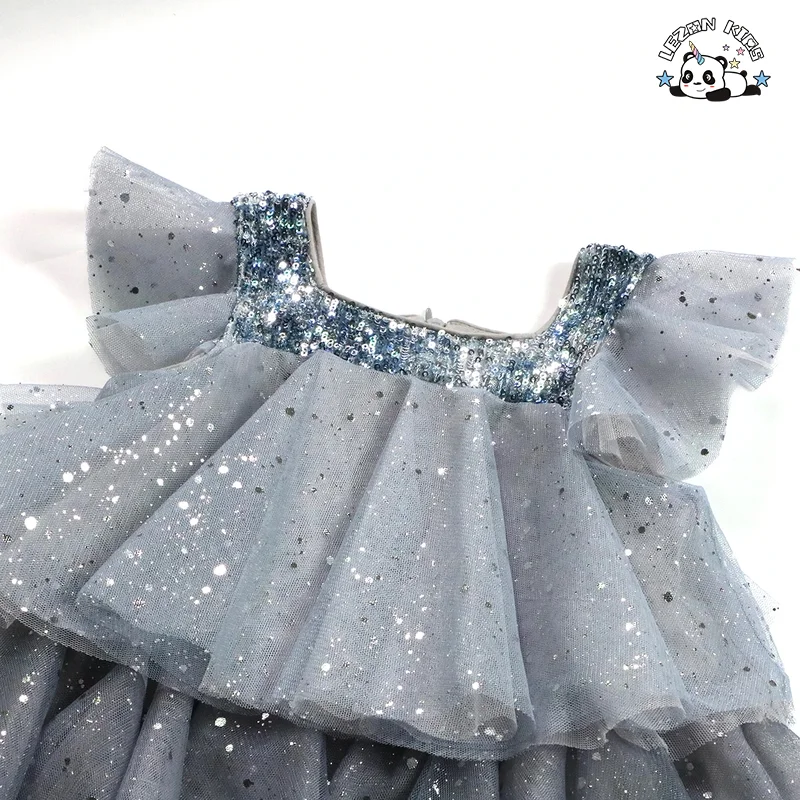 LEZONKIDS - Summer Baby Girl Tulle Casual Children's Wear Tie-dye Sequined Top Print Blue Tutu Dress